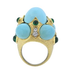 David Webb Turquoise Emerald Diamond Gold Platinum Turban Ring