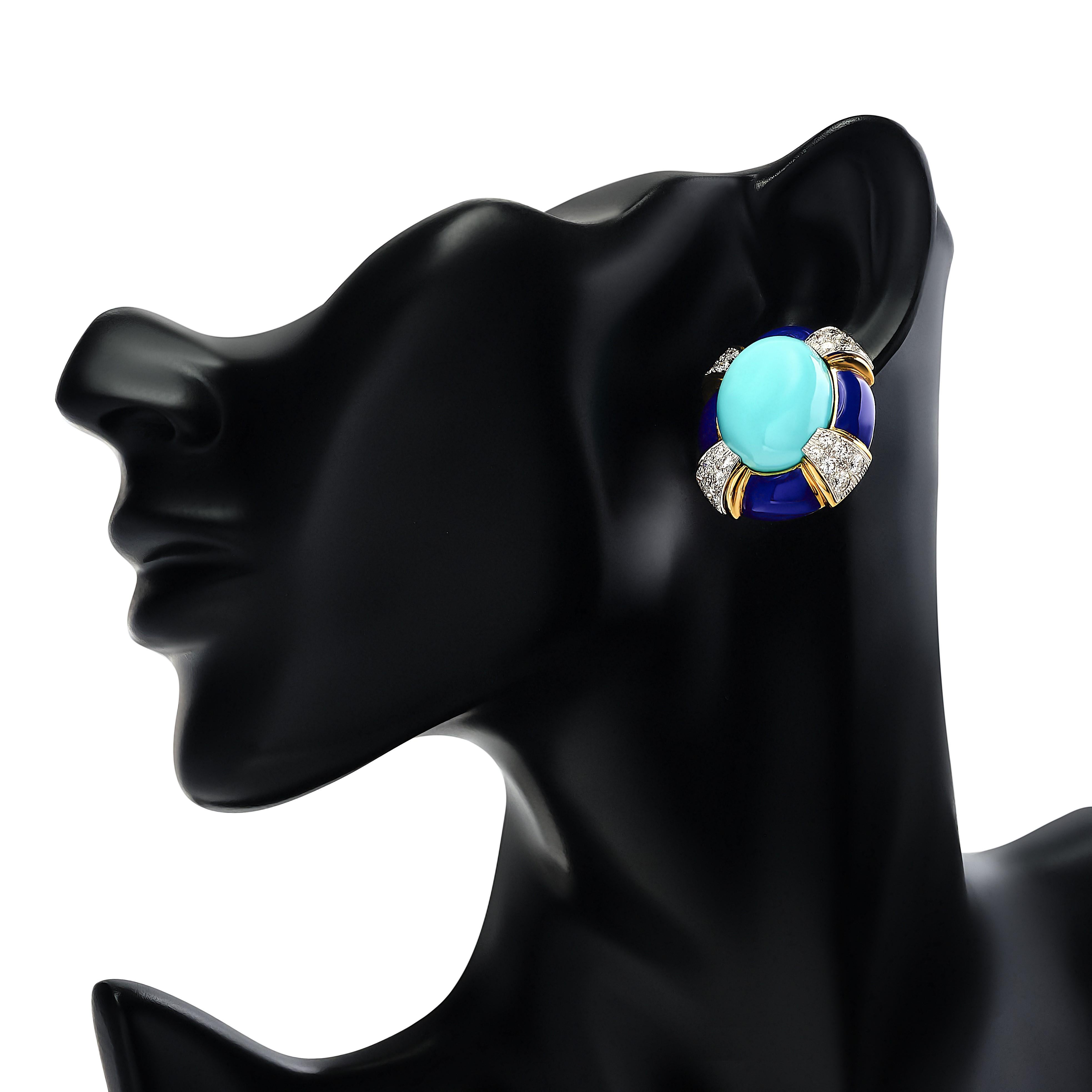 David Webb's turquoise earrings are surrounded by diamonds and lapis, combining vibrant color with luxurious sparkle for a striking and sophisticated look.

Stamped: 