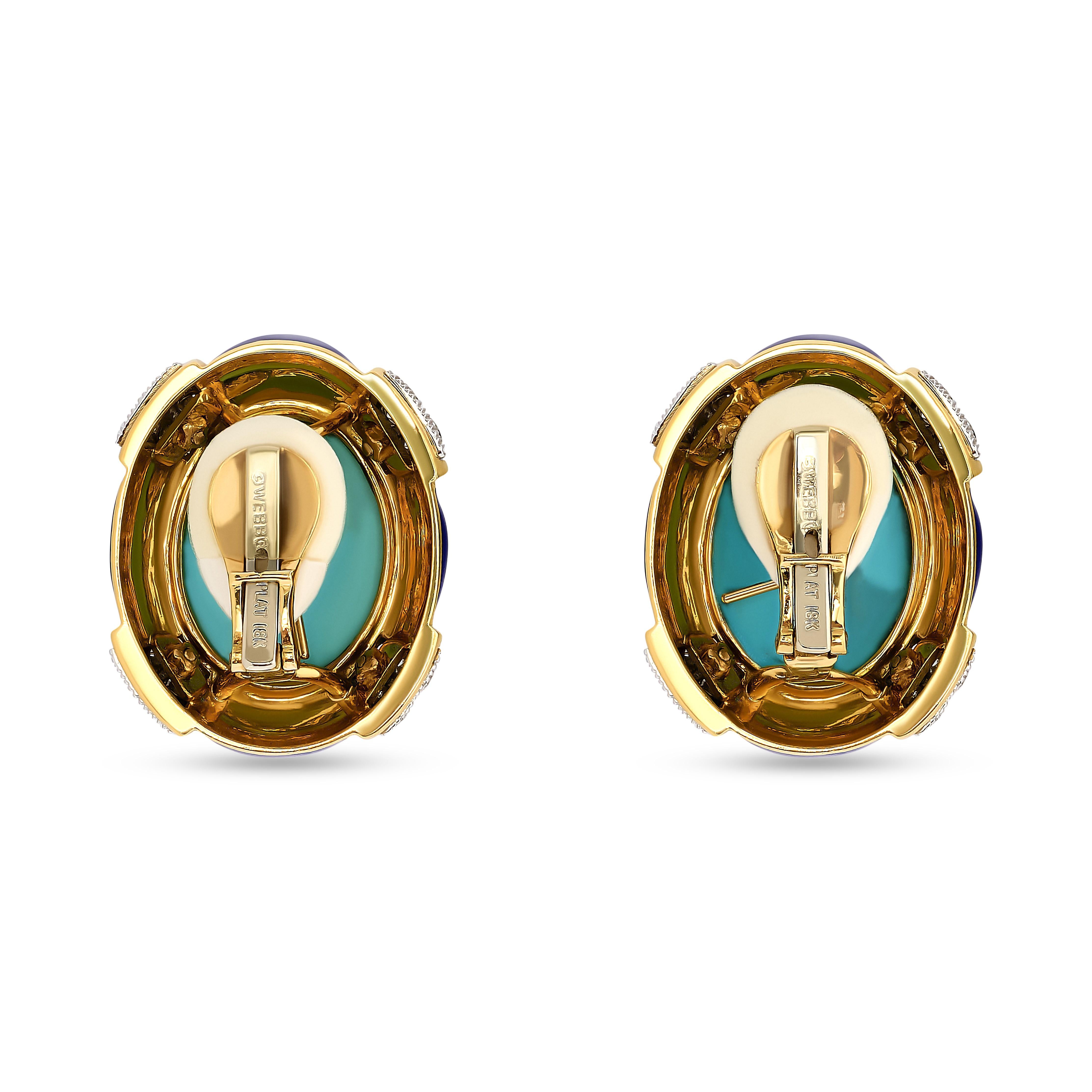 Cabochon David Webb Turquoise, Lapis and Diamond Earrings in 18K Yellow Gold For Sale