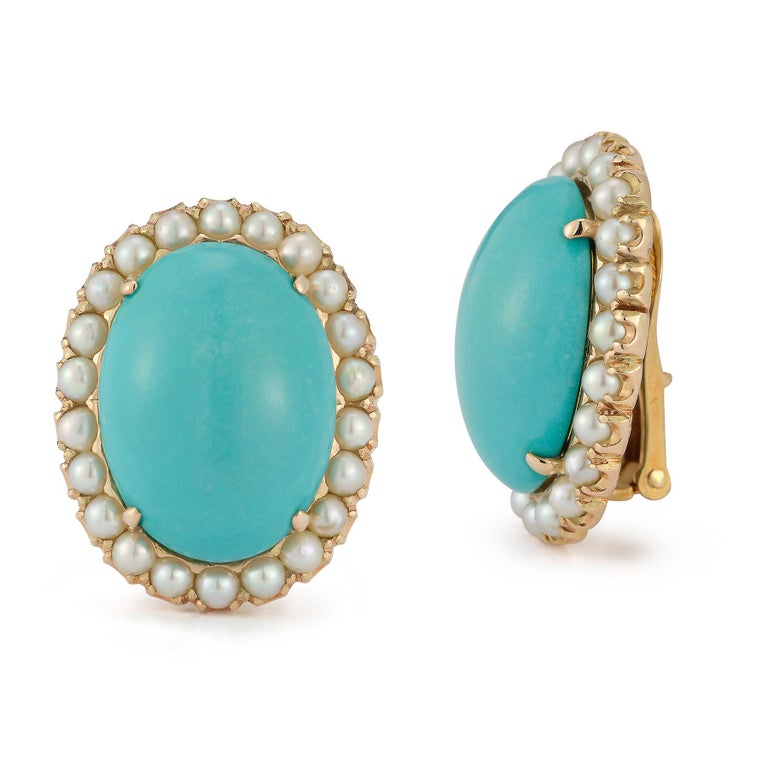 Cabochon David Webb Turquoise & Pearl Earrings For Sale