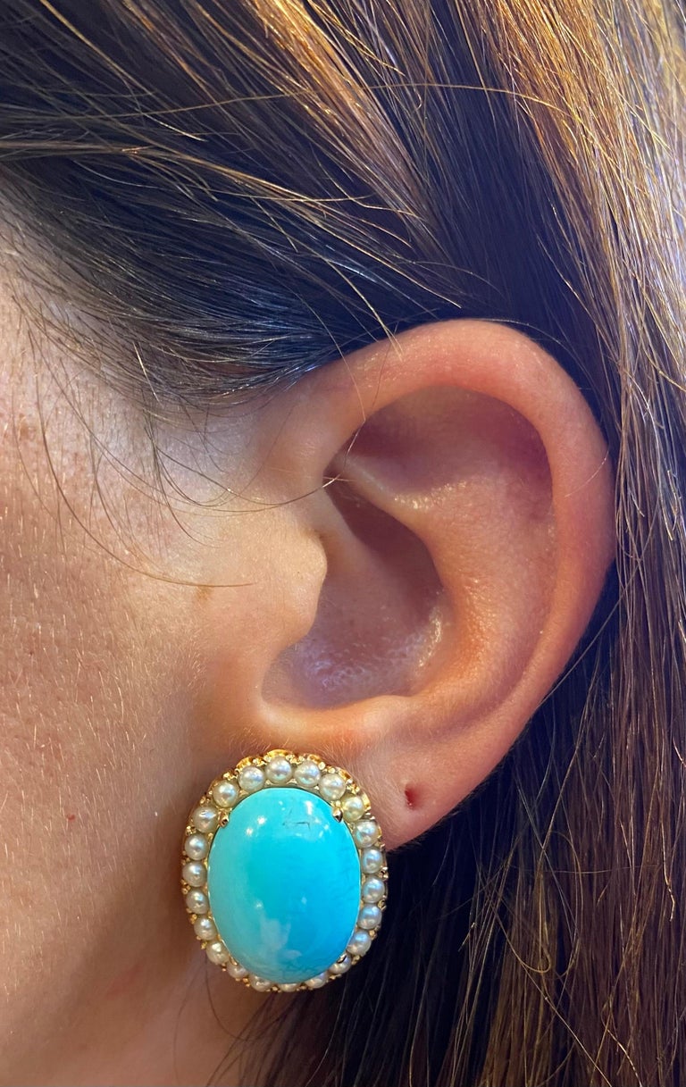 David Webb Turquoise & Pearl Earrings In Excellent Condition For Sale In New York, NY