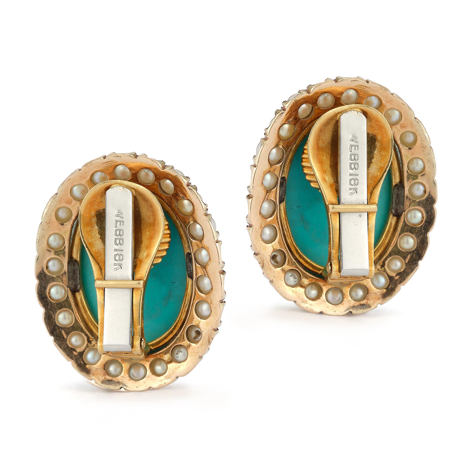 Cabochon David Webb Turquoise & Pearl Earrings
