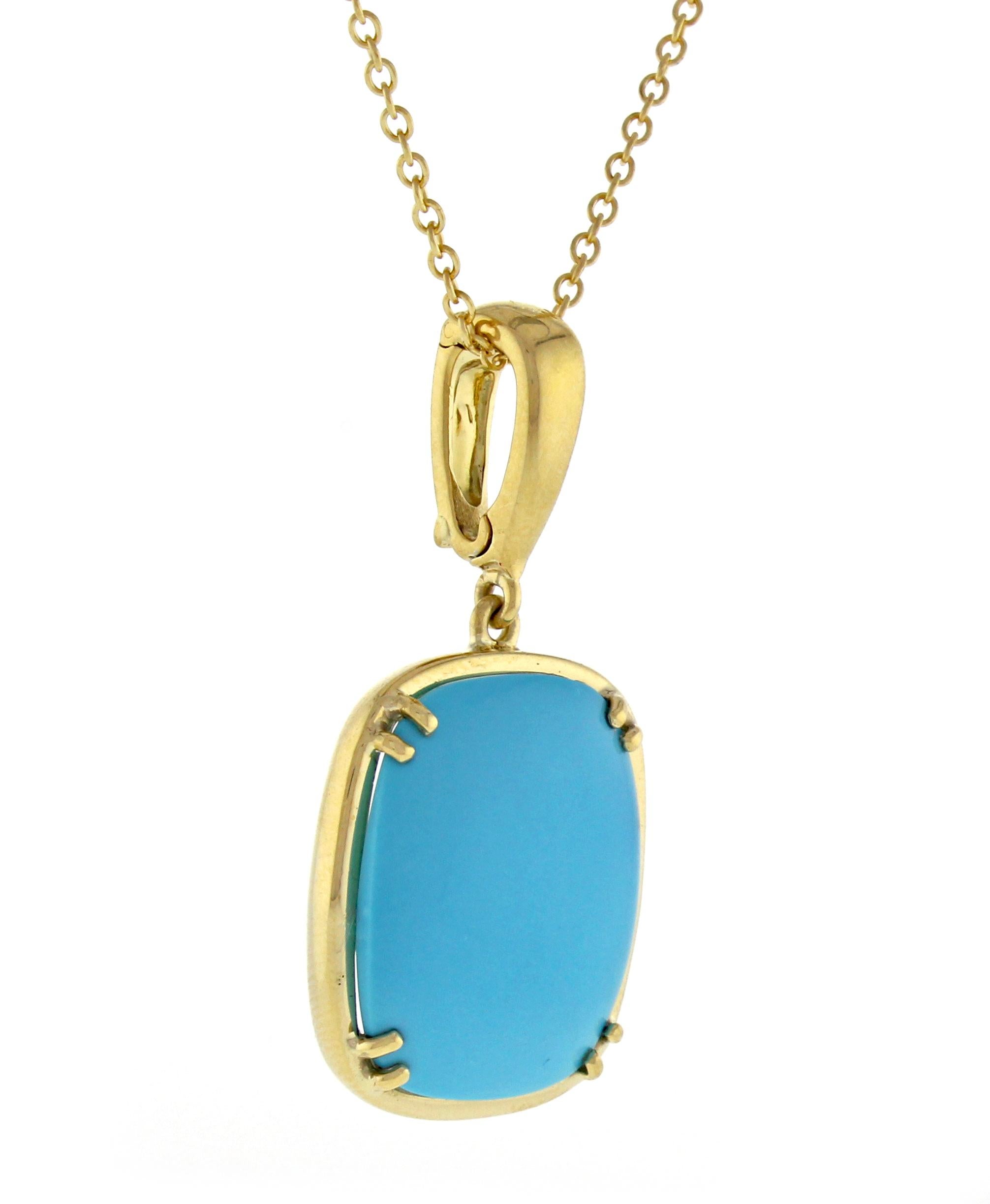 From David Webb, a cushion shaped  turquoise pendant. The Persian cabochon Turquoise measures 22mm X 18mm and is set in an 18 karat frame. The snap bail opens to accommodate up to a 3.5mm chain or chord. The 16 inch  18 karat necklace is from