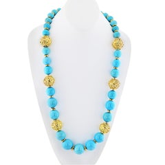 David Webb Turquoise Platinum & 18K Yellow Gold Large Bead Strand Necklace