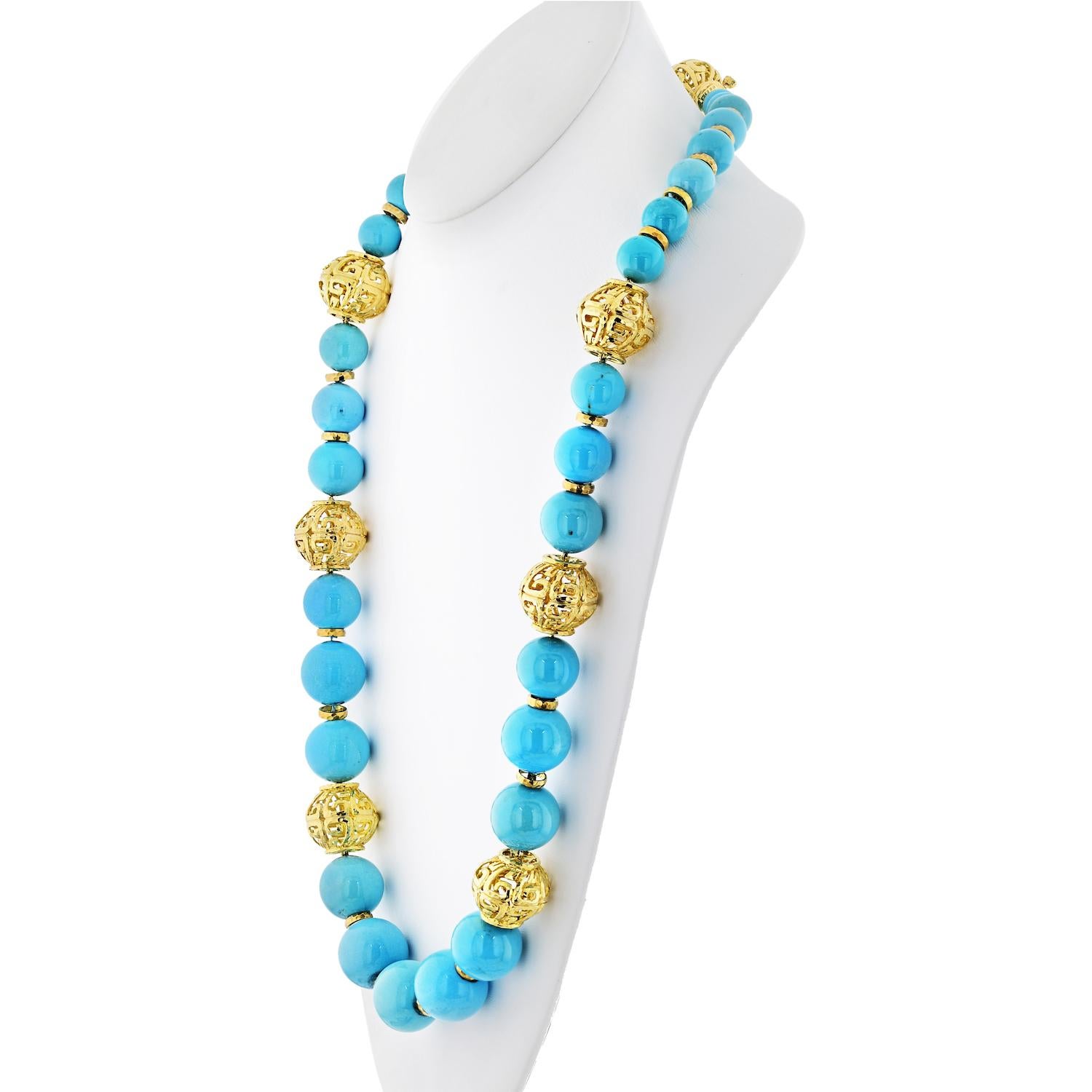 David Webb Turquoise Platinum & 18K Yellow Gold Large Bead Strand Necklace In Excellent Condition For Sale In New York, NY