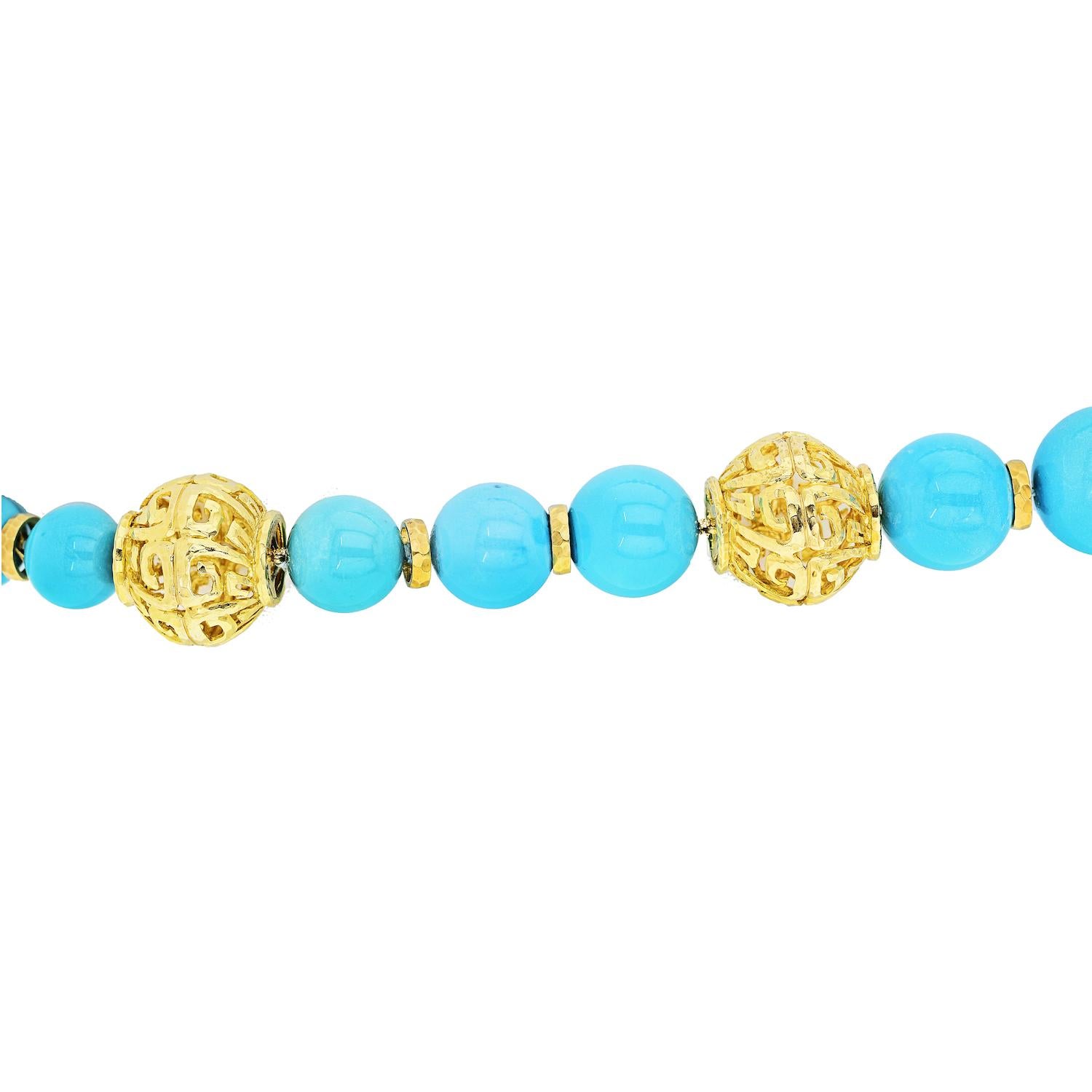 Women's David Webb Turquoise Platinum & 18K Yellow Gold Large Bead Strand Necklace For Sale