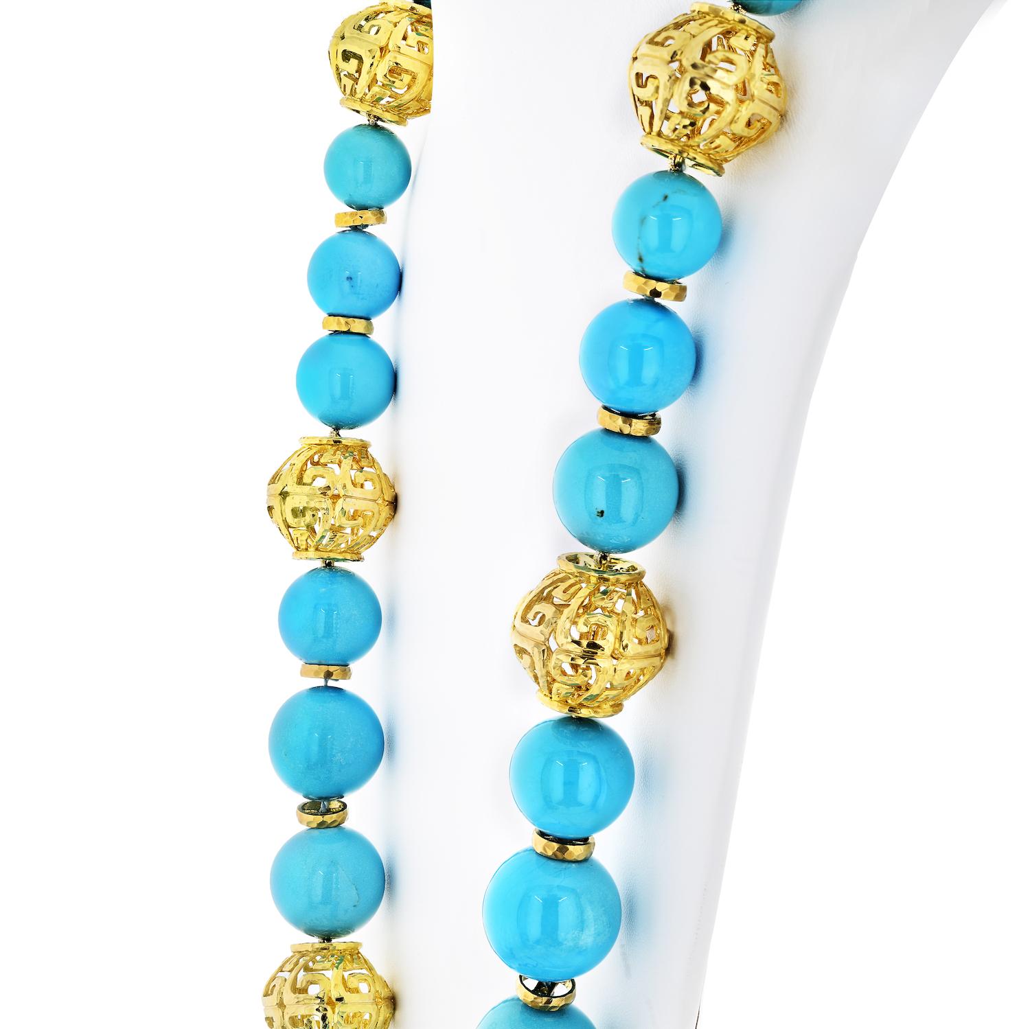 David Webb Turquoise Platinum & 18K Yellow Gold Large Bead Strand Necklace For Sale 1