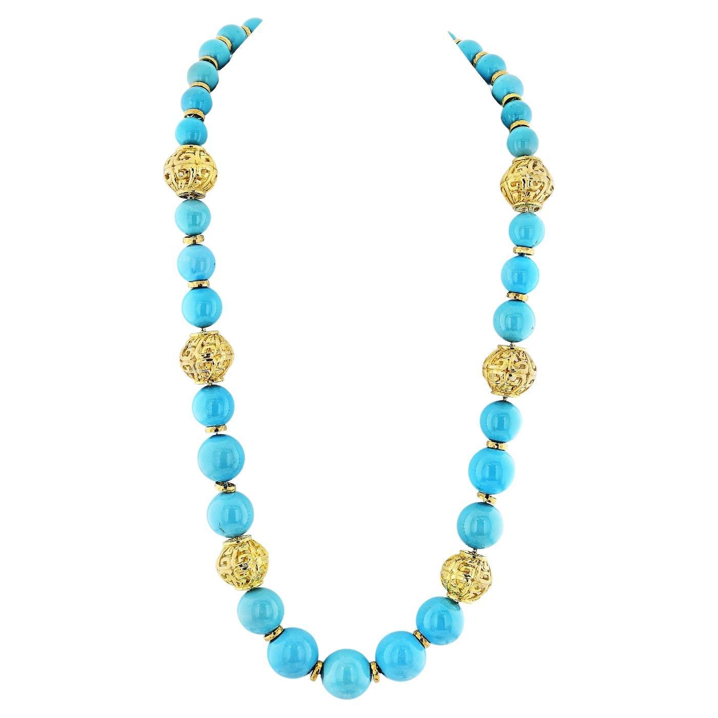 David Webb Turquoise Platinum & 18K Yellow Gold Large Bead Strand Necklace For Sale