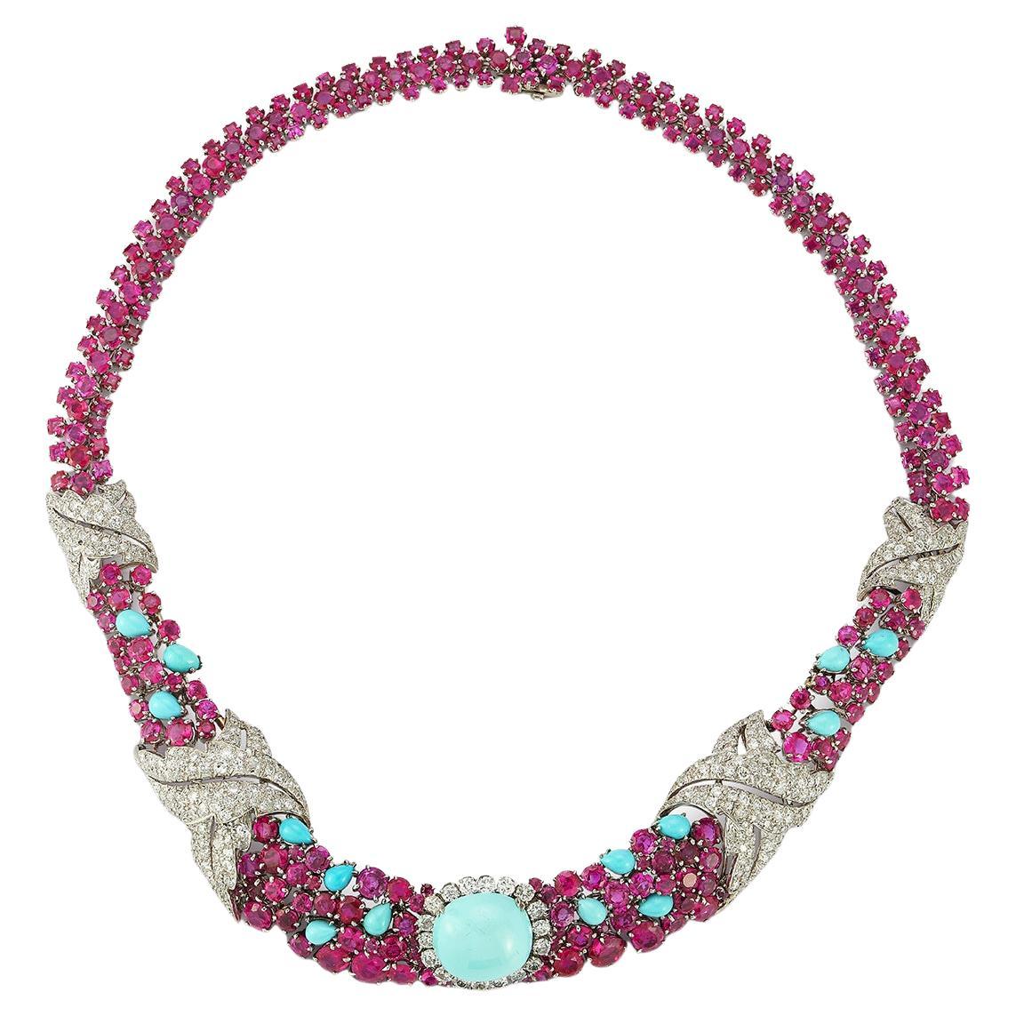 David Webb Collana di turchesi, rubini e diamanti in vendita