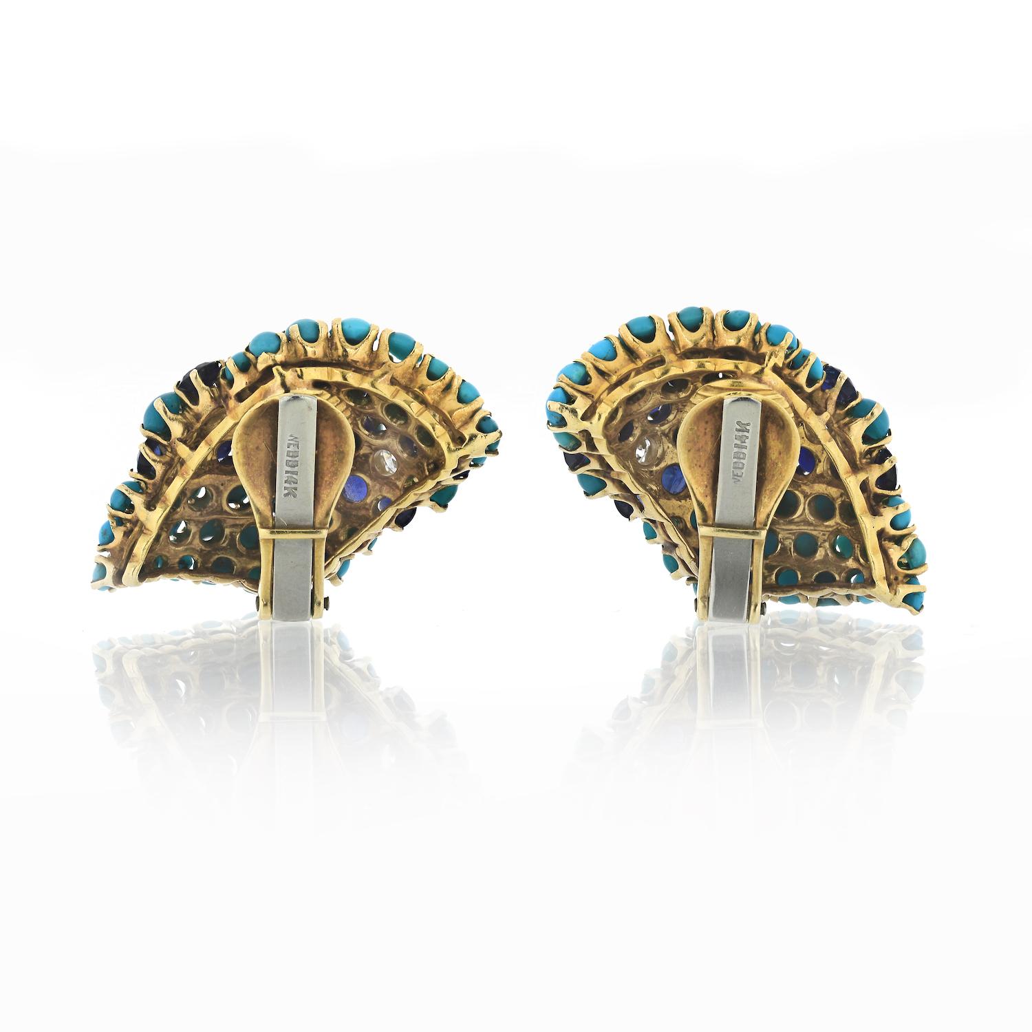 Round Cut David Webb Turquoise, Sapphire and Diamond Earrings
