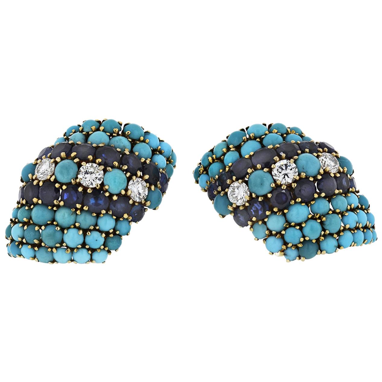 David Webb Turquoise, Sapphire and Diamond Earrings