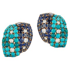 David Webb Turquoise, Sapphire, and Diamond Earrings