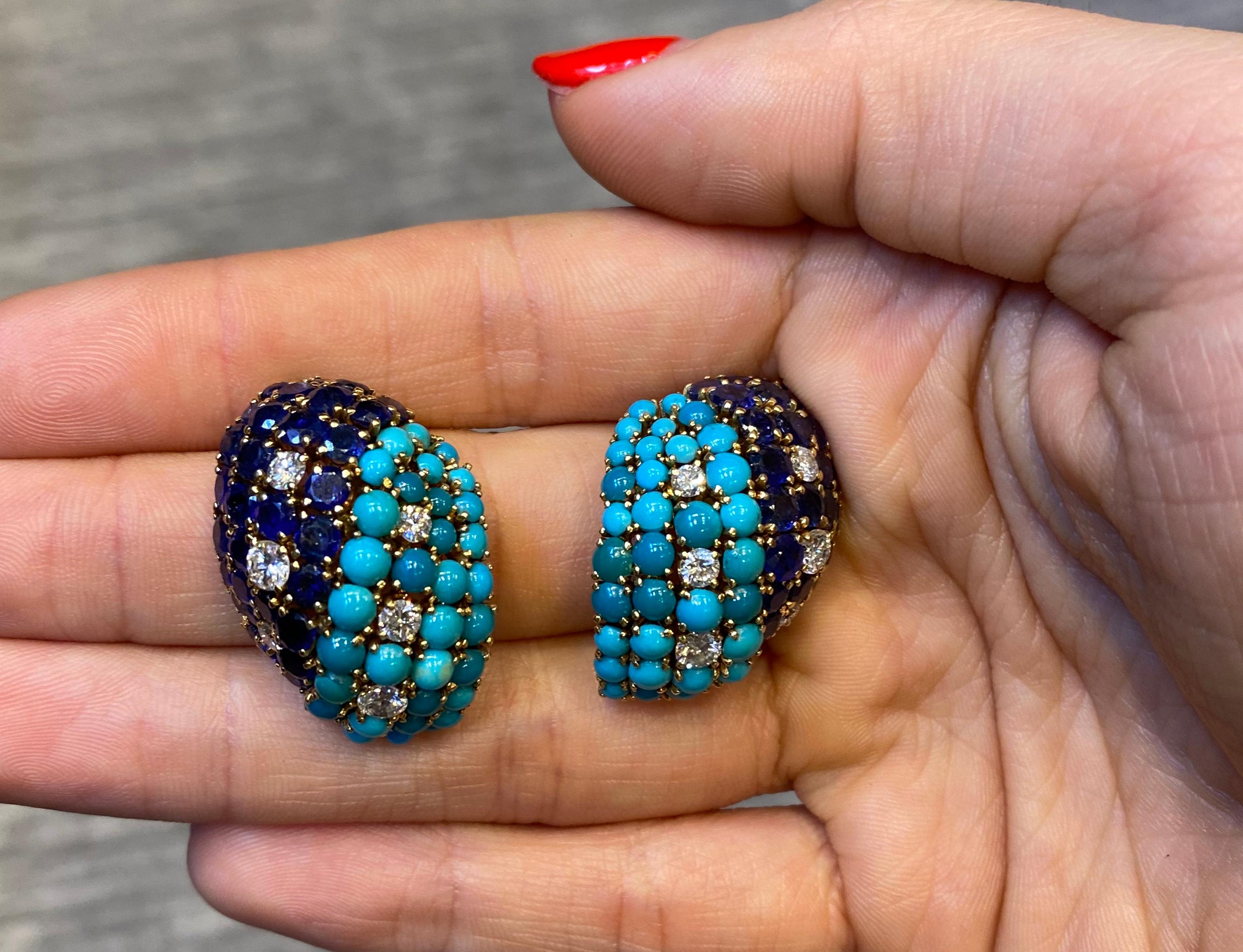 David Webb Boucles d'oreilles en turquoise, saphirs et diamants Pour femmes en vente