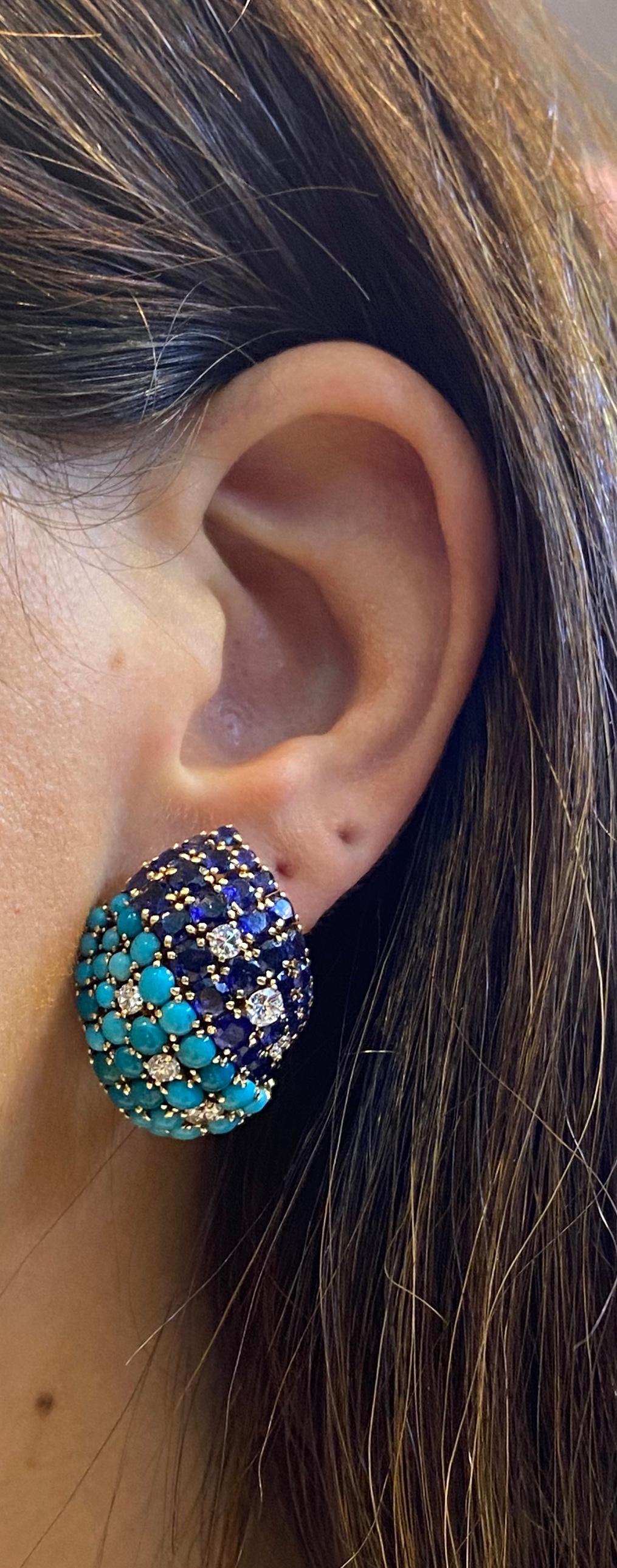 David Webb Turquoise Sapphire & Diamond Earrings For Sale 1