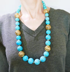 David Webb Turquoise Yellow Gold Bead Necklace, Massive, 1980s