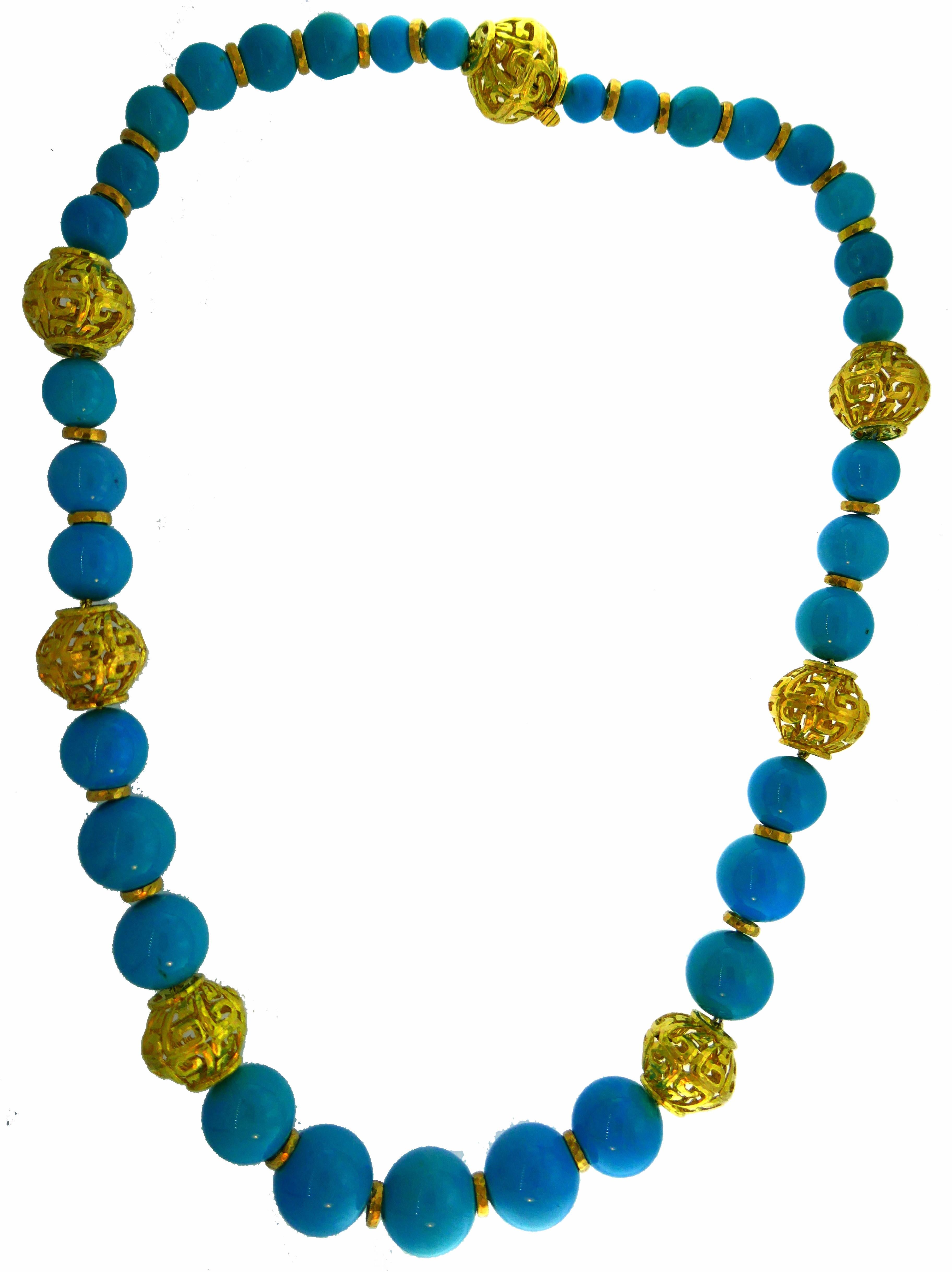 Women's or Men's David Webb Turquoise Yellow Gold Bead Necklace, Massive, 1980s