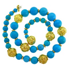 David Webb Turquoise Yellow Gold Bead Necklace, Massive, 1980s