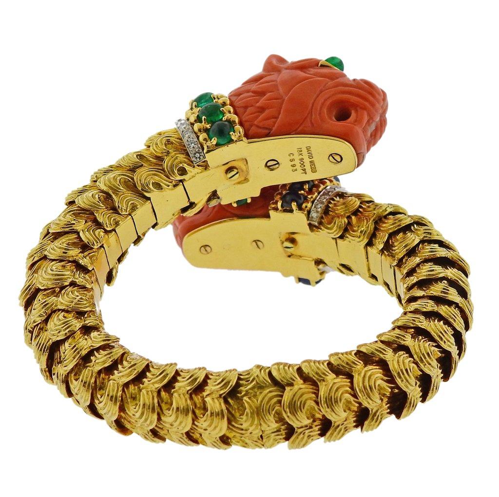 David Webb Twin Lion Coral Diamond Sapphire Emerald Gold Platinum Bracelet For Sale 1