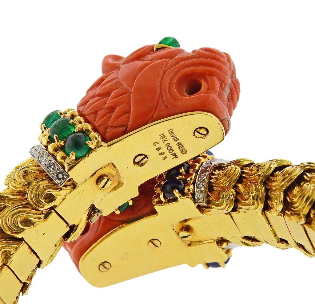 David Webb Twin Lion Coral Diamond Sapphire Emerald Gold Platinum Bracelet For Sale 2