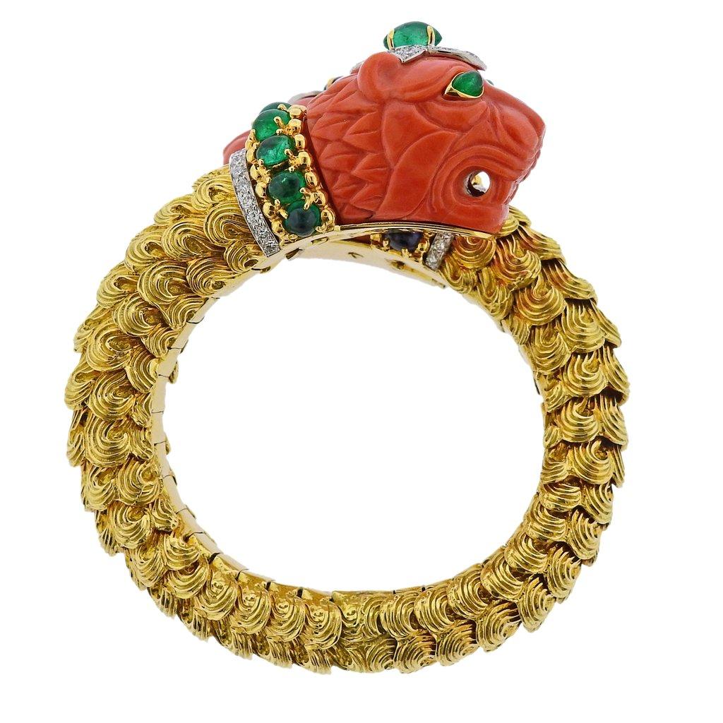 David Webb Twin Lion Coral Diamond Sapphire Emerald Gold Platinum Bracelet For Sale 3