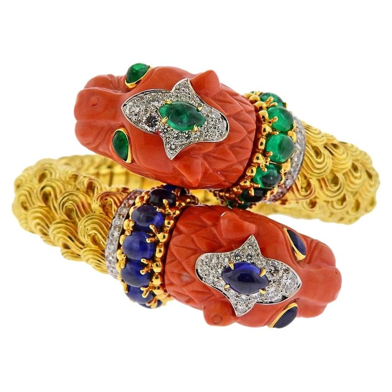 David Webb Twin Lion Coral, Diamond, Sapphire and Emerald Bracelet, 20th Century