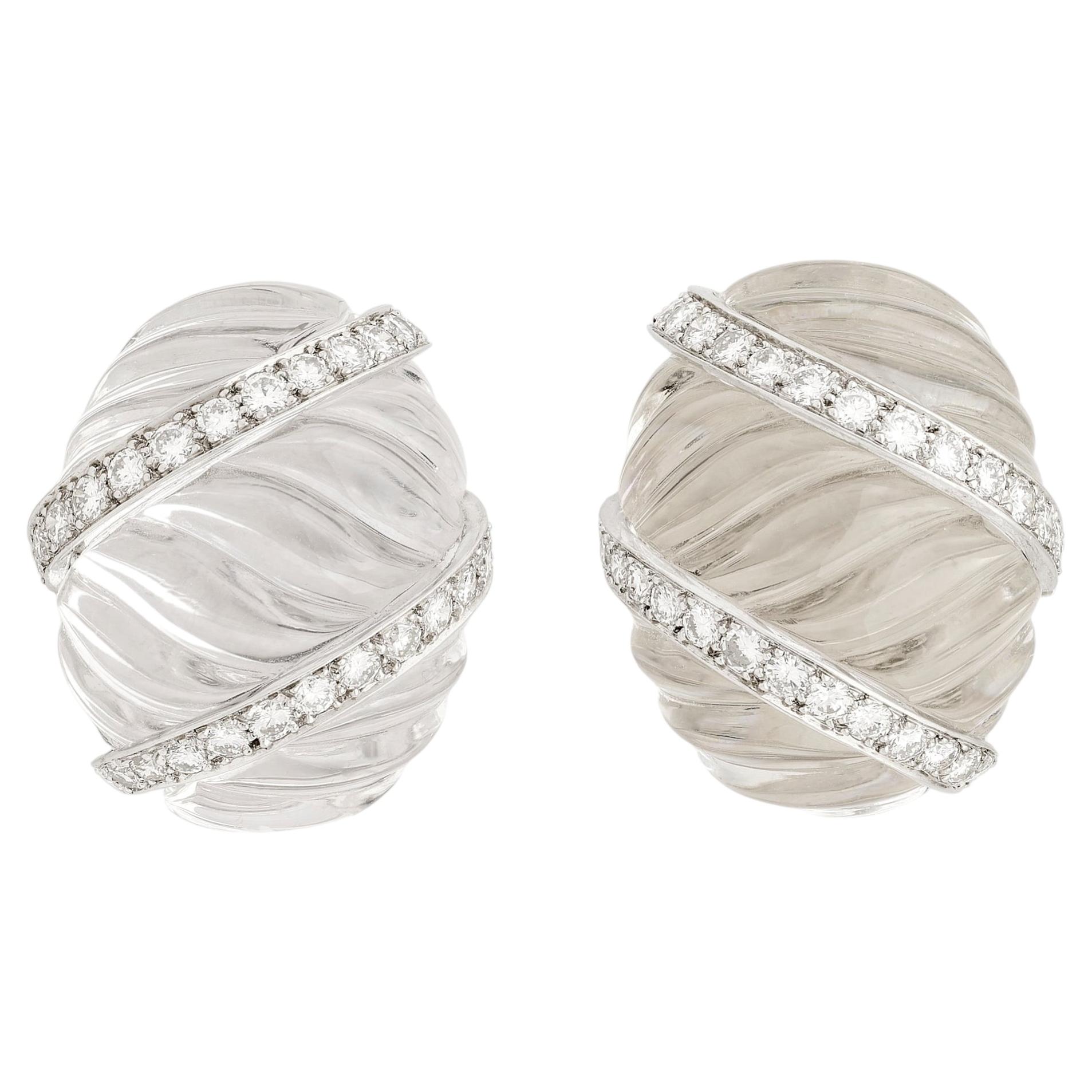 David Webb Twisted Carved Crystal and Diamond Earrings For Sale
