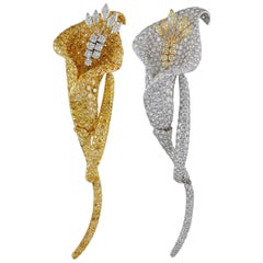 David Webb Two Diamond and Colored Diamond Flower Brooches