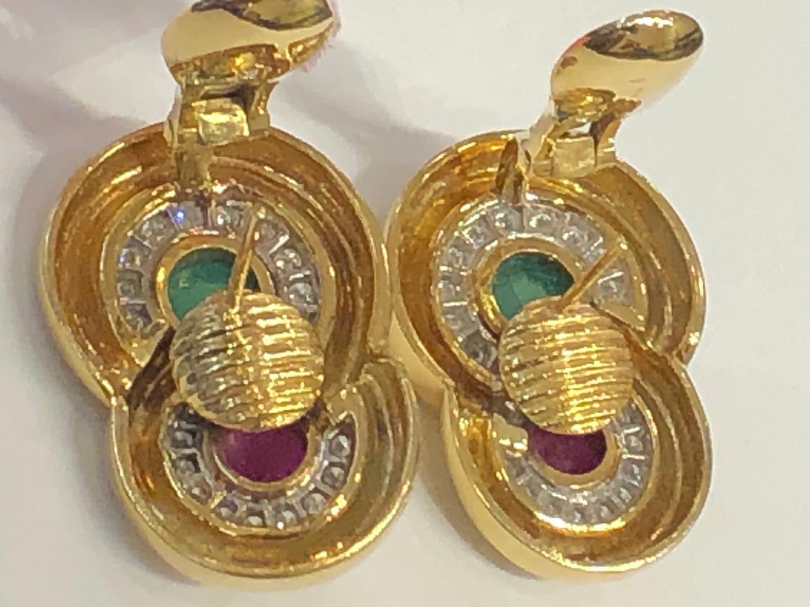Women's David Webb Vintage Cabochon Ruby Emerald Diamond Gold Earrings For Sale