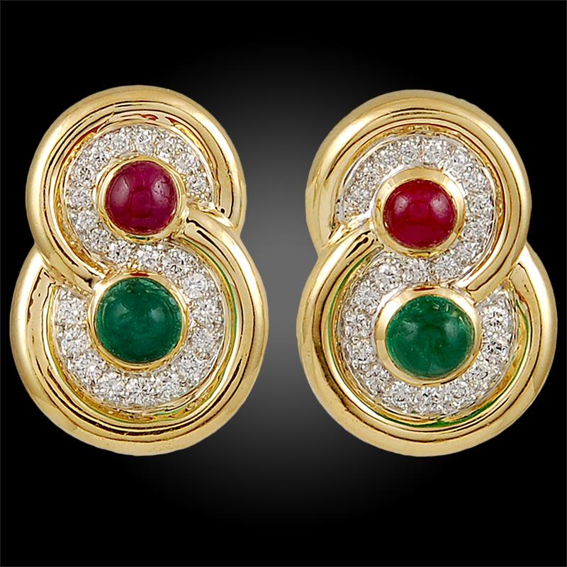 David Webb Vintage Cabochon Ruby Emerald Diamond Gold Earrings For Sale 1