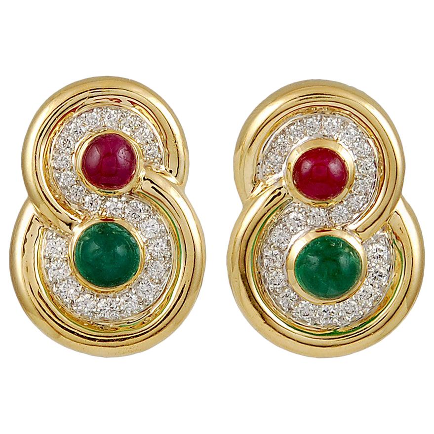 David Webb Vintage Cabochon Ruby Emerald Diamond Gold Earrings For Sale