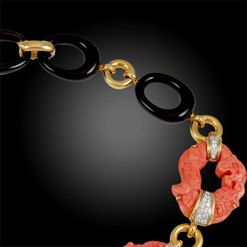 Women's David Webb Two-Tone Carved Coral, Diamond and Black Enamel Necklace