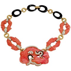 David Webb Two-Tone Carved Coral, Diamond and Black Enamel Necklace