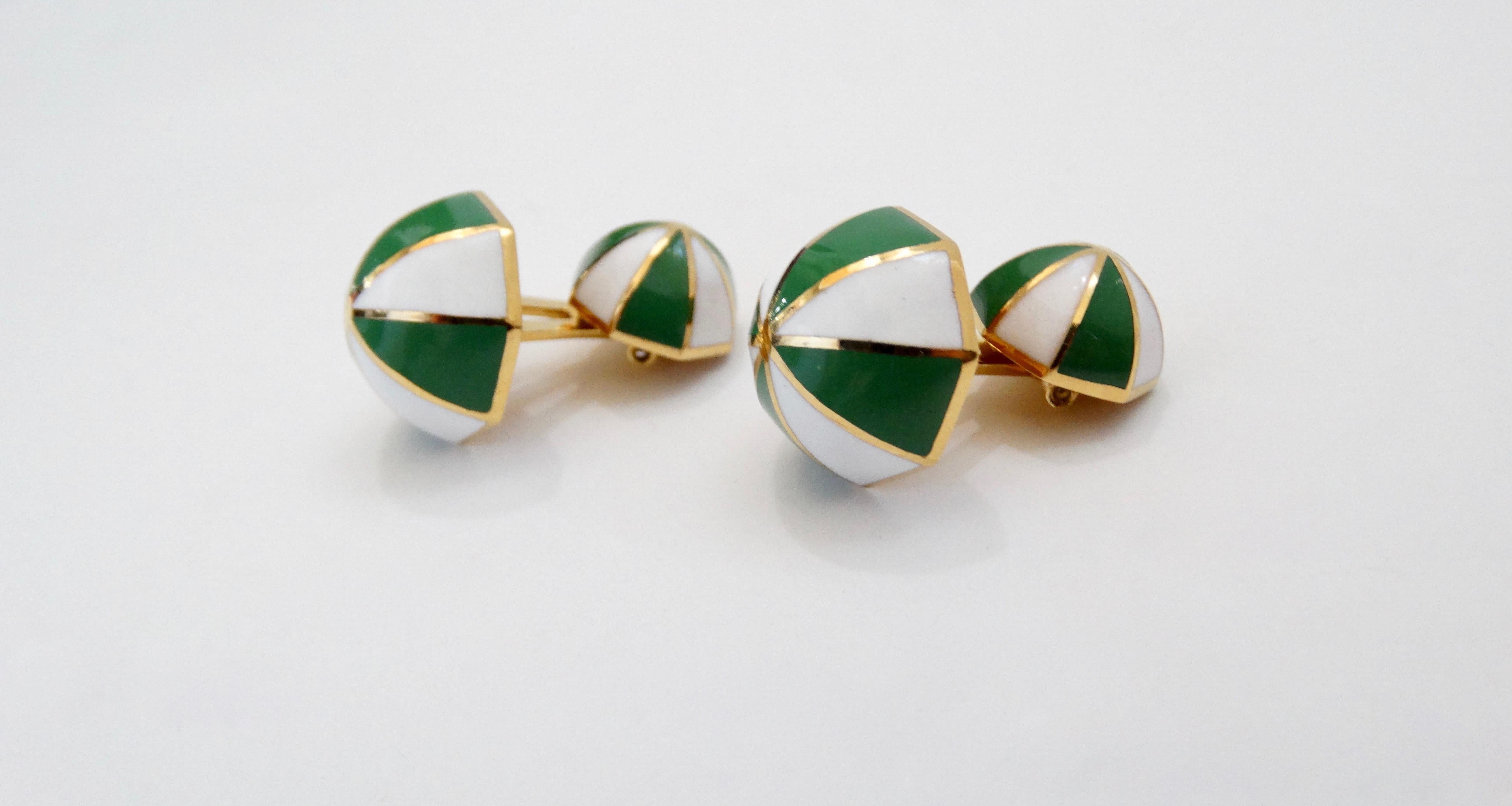 David Webb Unsigned 18k Gold Cufflinks With White & Green Striped Enamel In Good Condition In Scottsdale, AZ