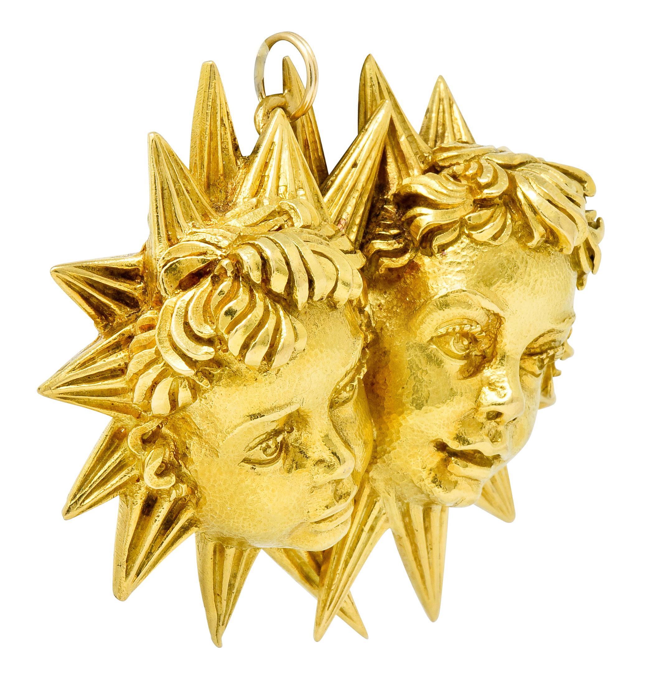 Contemporary David Webb Vintage 18 Karat Gold Gemini Zodiac Cherub Starburst Pendant
