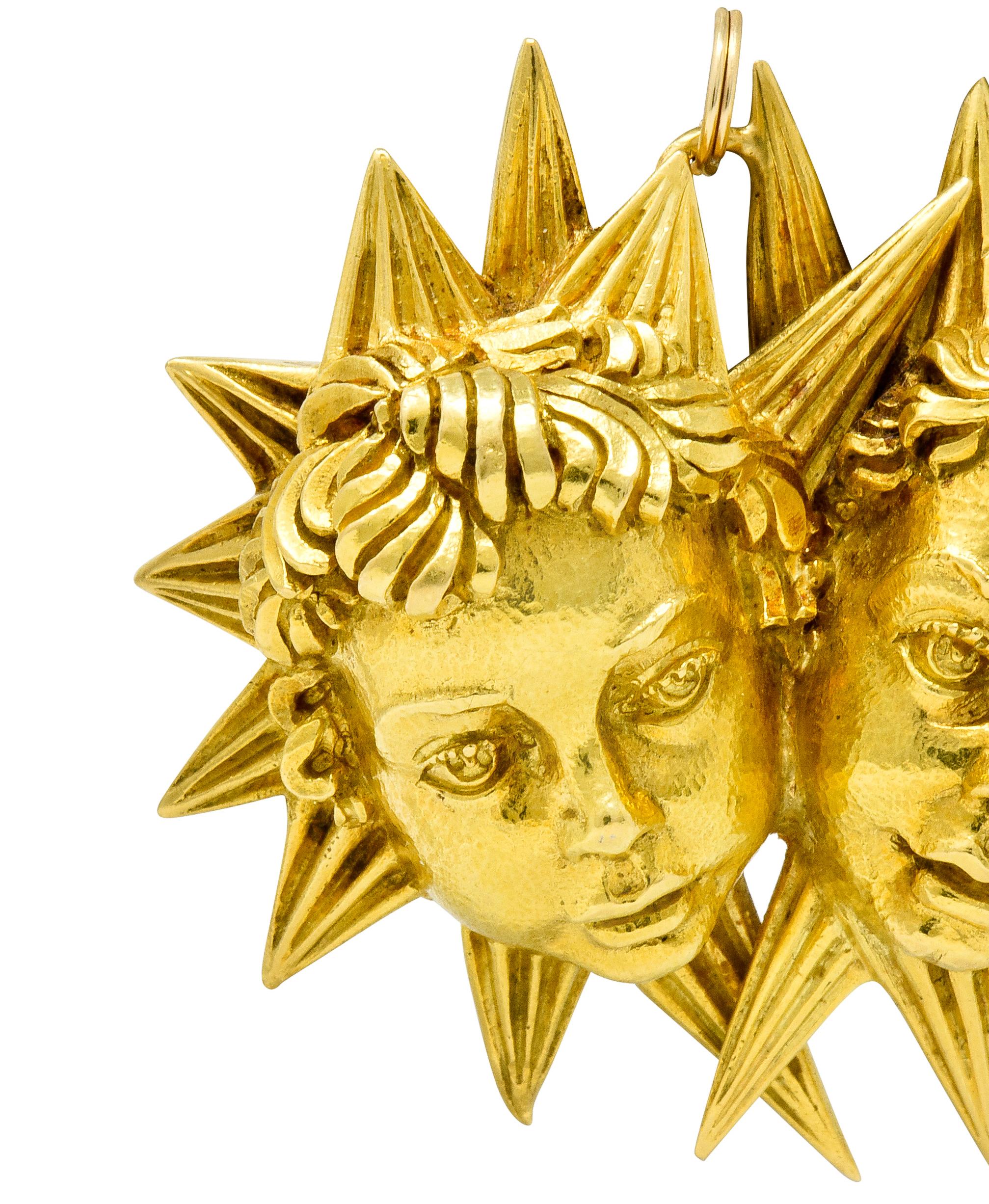 David Webb Vintage 18 Karat Gold Gemini Zodiac Cherub Starburst Pendant In Excellent Condition In Philadelphia, PA