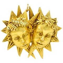 David Webb Vintage 18 Karat Gold Gemini Zodiac Cherub Starburst Pendant