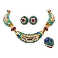 David Webb Vintage 18 Karat Gold Platinum Azurite Ruby and Diamond Jewelry Set