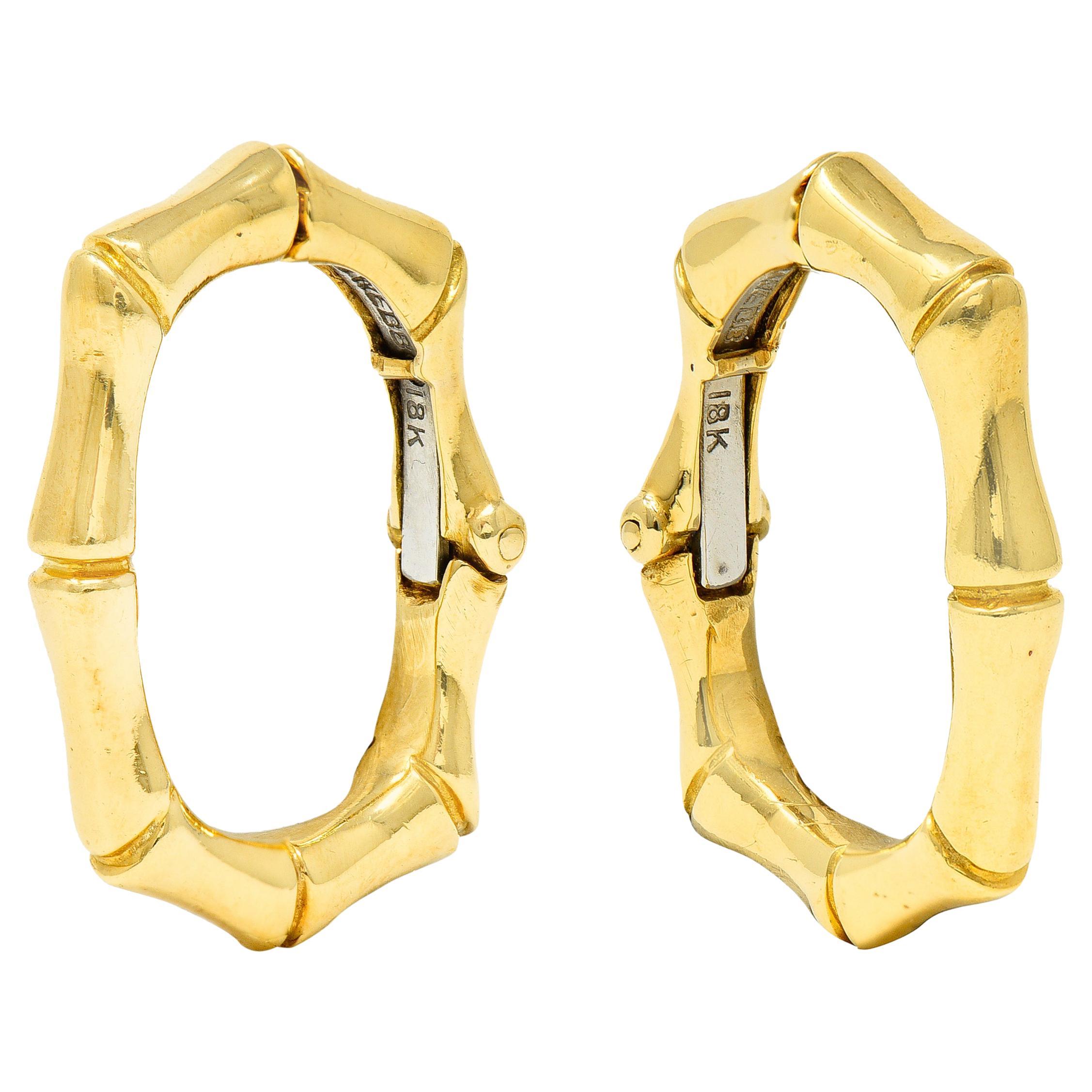 David Webb Vintage 18 Karat Yellow Gold Bamboo Hoop Ear-Clip Earrings
