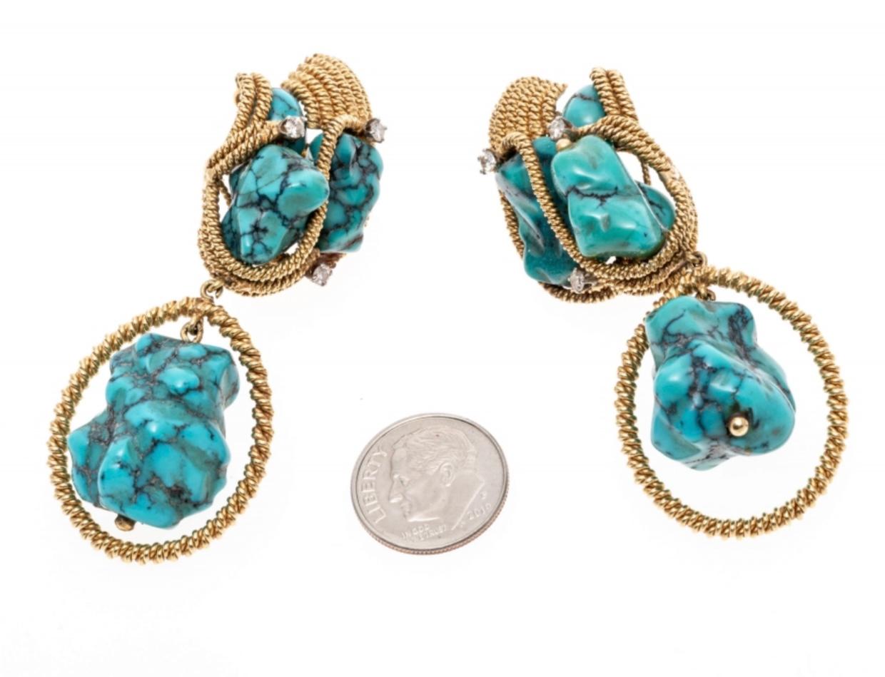 These extraordinary, iconic earrings are vintage David Webb - slightly greenish blue hued, complementary pieces of free form, tumbled turquoise, complete with veining, are set into undulating twisted swirls of 18k yellow gold to create amazing