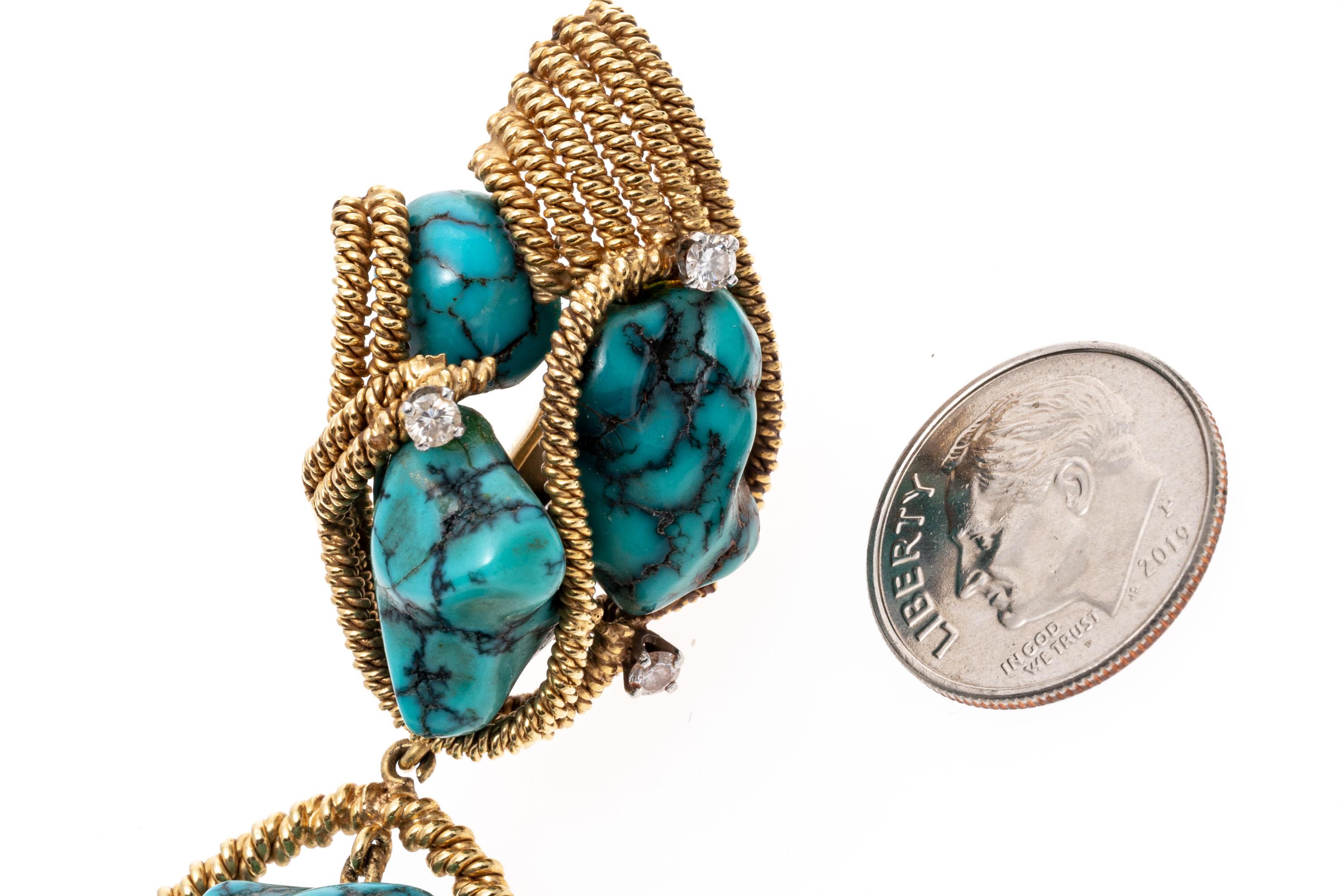 Round Cut David Webb Vintage 18k Gold, Tumbled Turquoise and Diamond Pendant Earrings