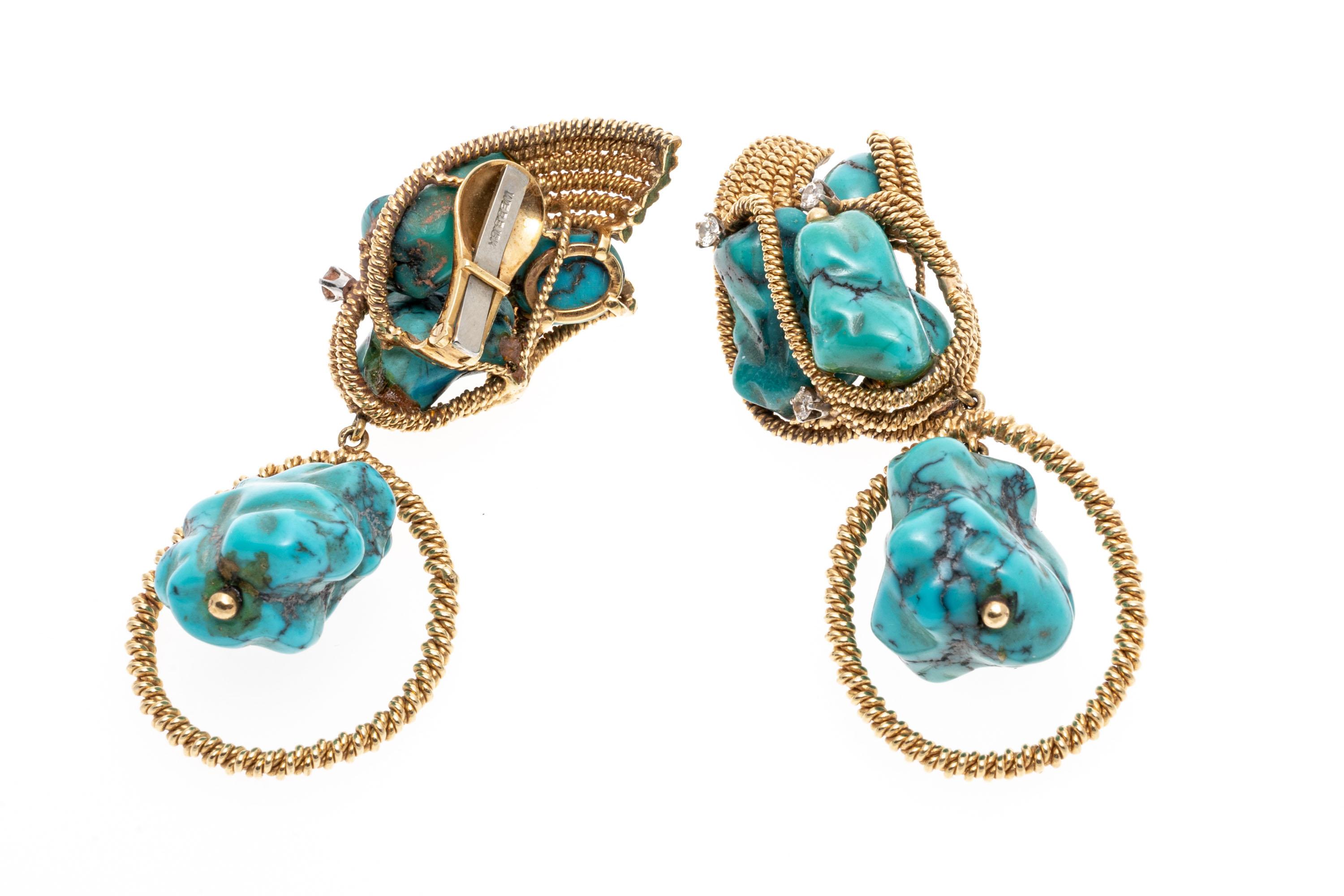 David Webb Vintage 18k Gold, Tumbled Turquoise and Diamond Pendant Earrings In Good Condition In Southport, CT