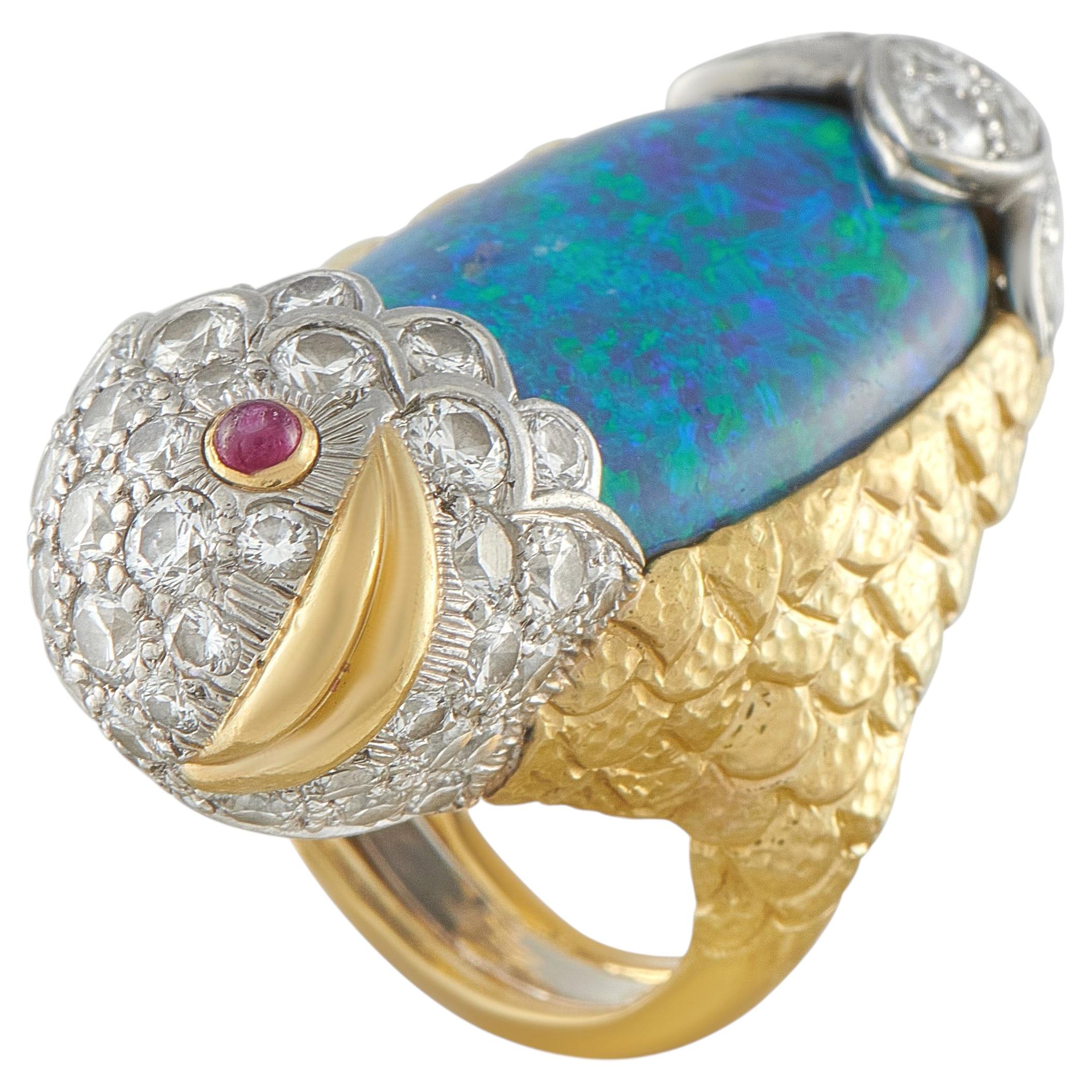 Pre-owned David Webb Vintage 18k Yellow Gold 4.32ct Diamond And Opal Fish Ring Dw03-040826