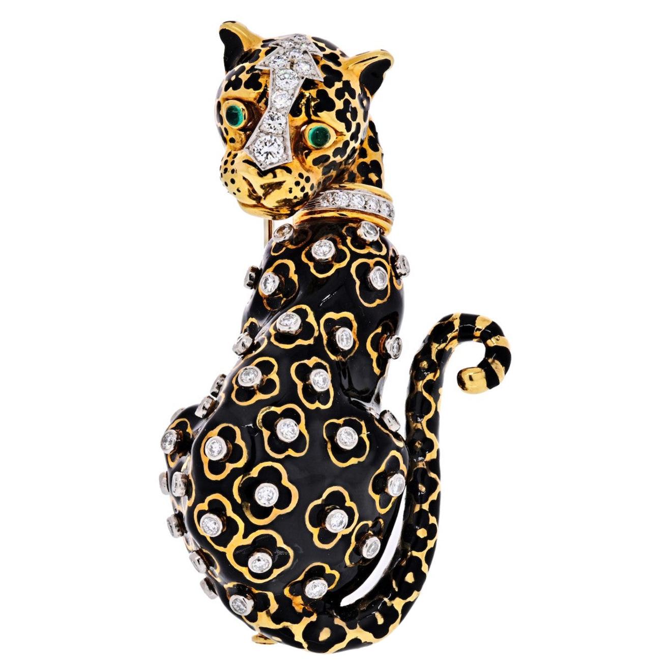 David Webb Vintage 18k Yellow Gold & Platinum Leopard Black Enamel Brooch