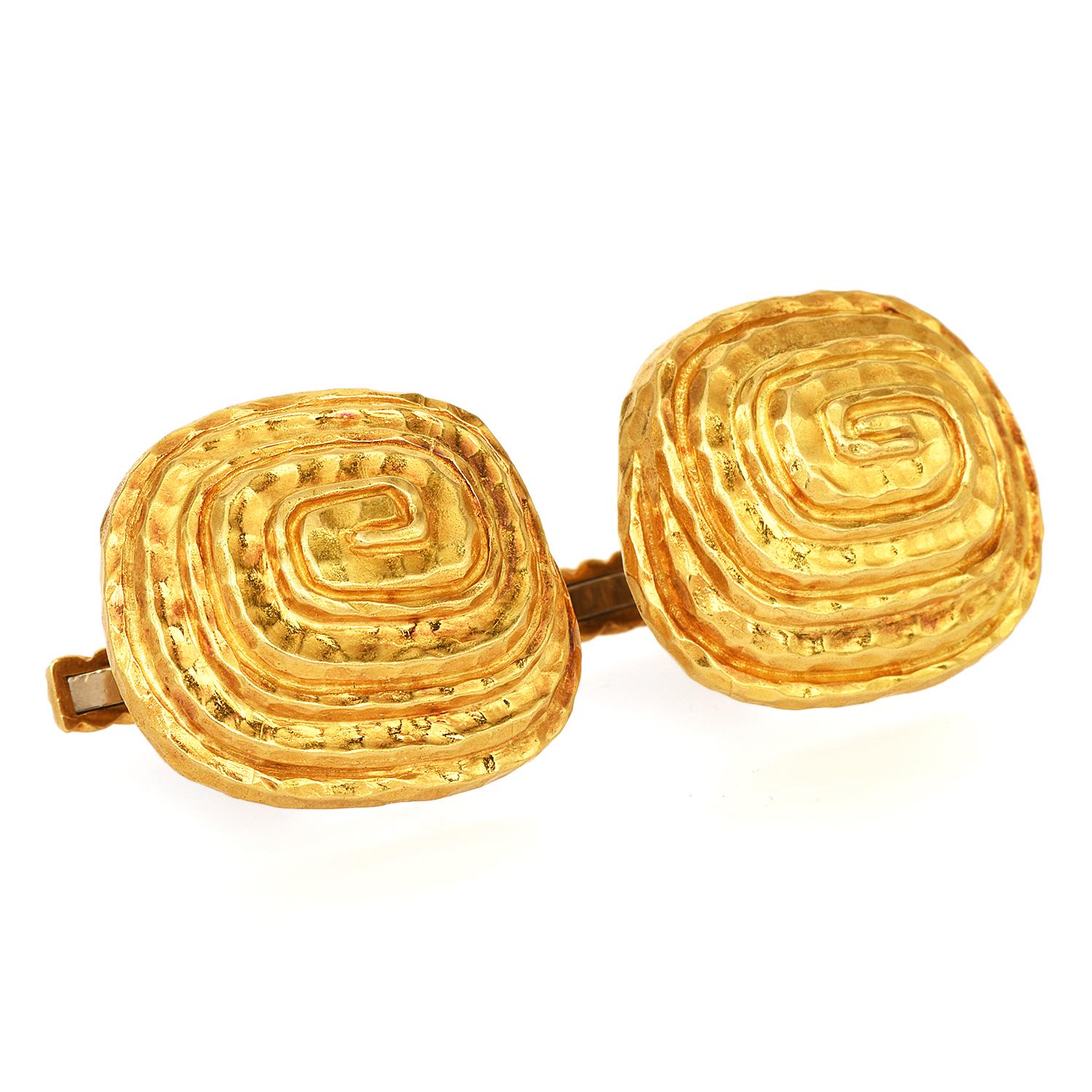Retro David Webb Vintage 18K Yellow Gold Spiral Greek Pattern Large Cufflinks For Sale