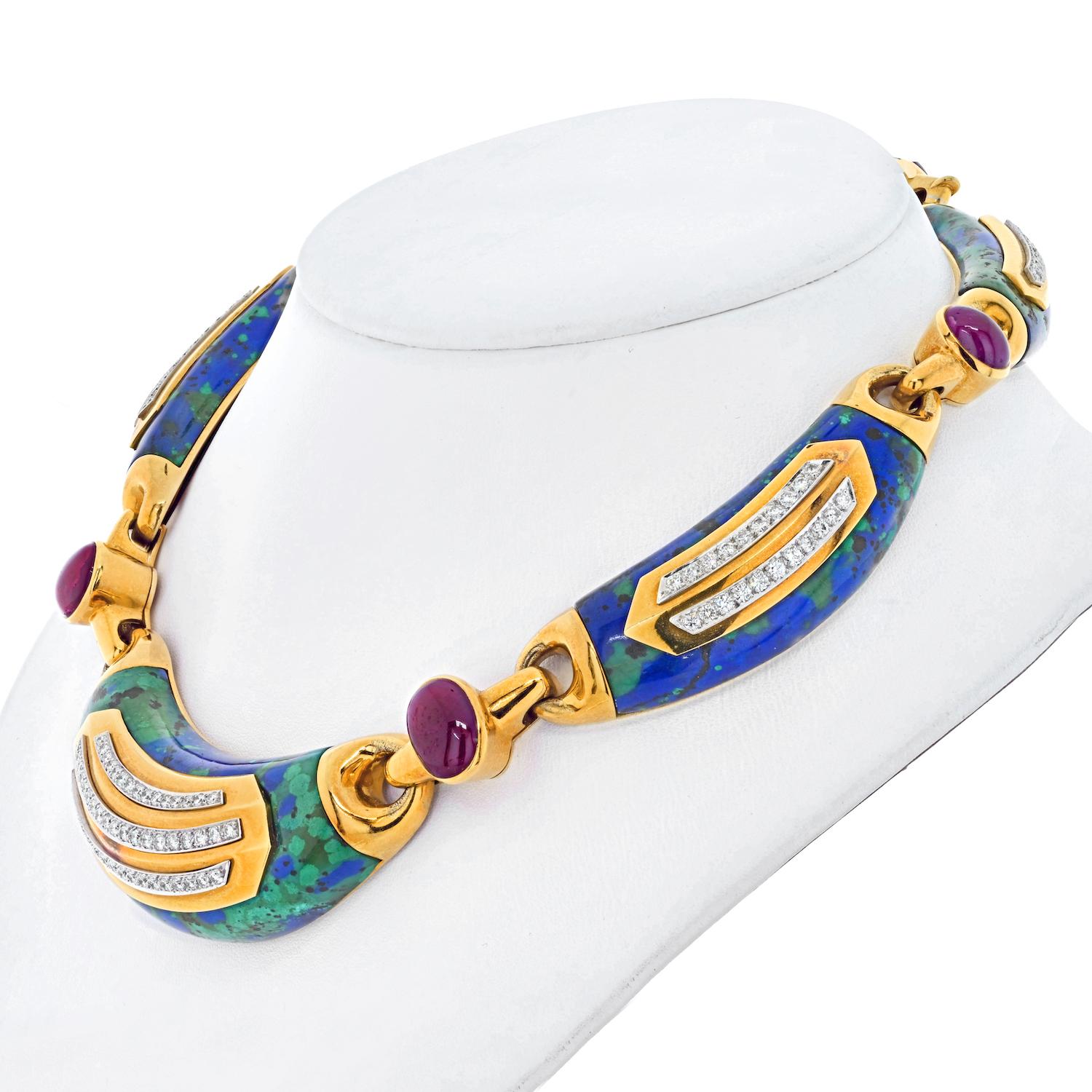 David Webb Vintage Halskette aus 18 Karat Gold, Platin, Azurmalachit, Rubin und Diamant (Rundschliff) im Angebot