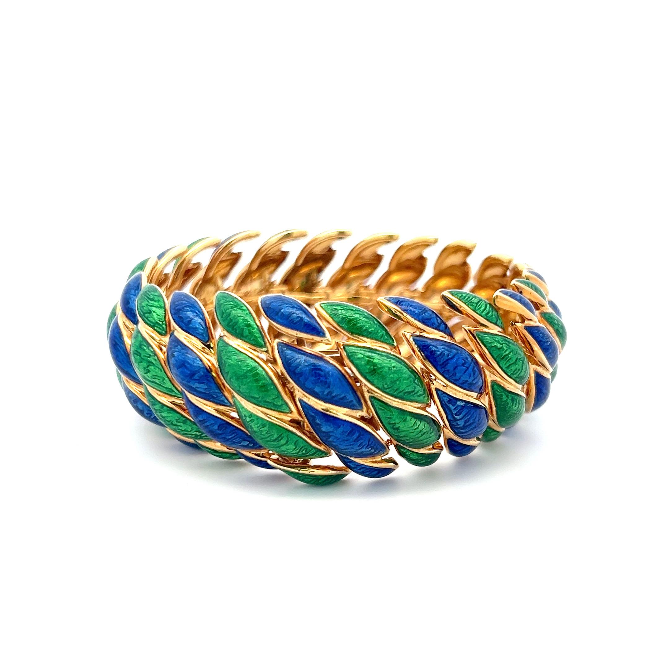 David Webb, bracelet à maillons vintage en or jaune 18 carats et émail 97,20 grammes Bon état - En vente à New York, NY