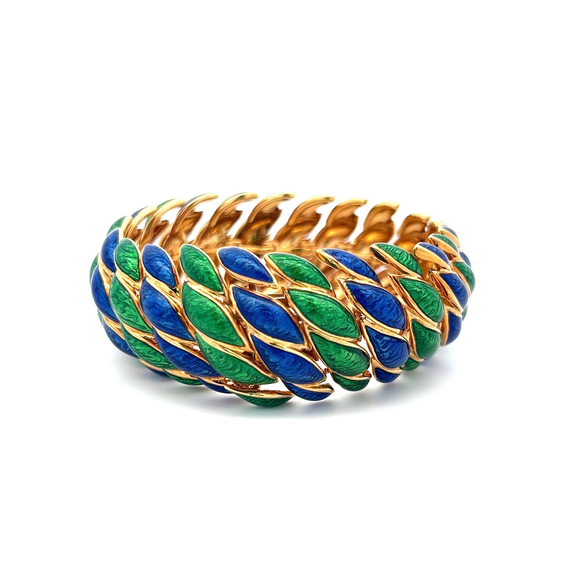 David Webb, bracelet à maillons vintage en or jaune 18 carats et émail 97,20 grammes en vente