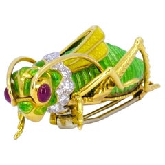 David Webb Vintage Brooch Gold Grasshopper Enamel Gemstones Estate Jewelry