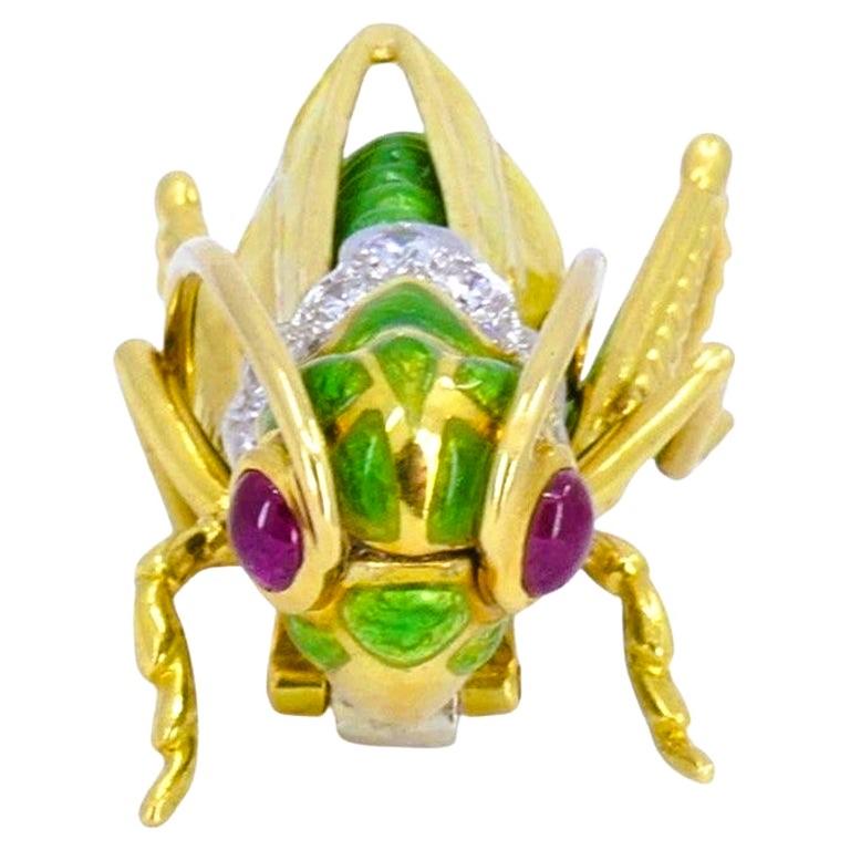 David Webb Vintage Broche Gold Grasshopper Enamel Gemstones Estate Jewelry Bon état - En vente à Beverly Hills, CA