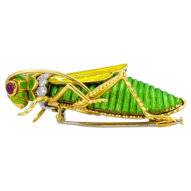 David Webb Vintage Broche Gold Grasshopper Enamel Gemstones Estate Jewelry Unisexe en vente